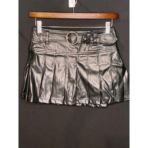Delias Black Faux Leather Pleated Ring Belted Mini Skirt Size S juniors